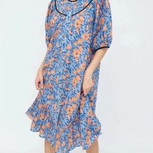 Batsheva Snap Front Housedress Blue Midi Dress with Orange Floral Print